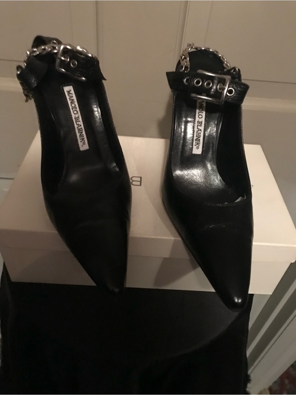 Manolo Blahnik Black Pointed Leather Slingback Pumps with Chain Accent